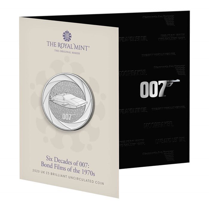 007 Coins 8 Bond Films of the 1970s 2023 UK £5 Brilliant Uncirculated Coin