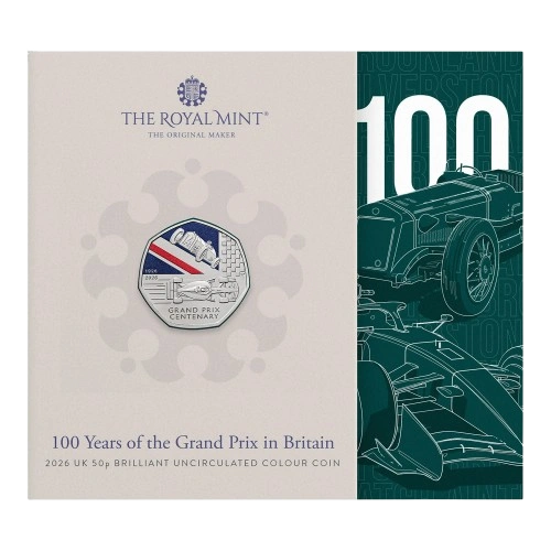 100 Years of the Grand Prix in Britain 2026 UK 50p Brilliant Uncirculated Colour Coin