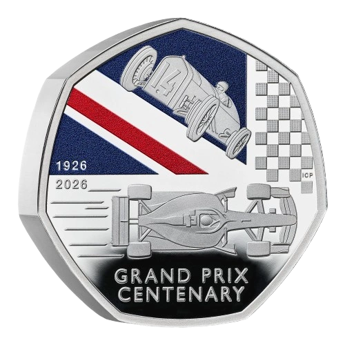 100 Years of the Grand Prix in Britain 2026 UK 50p Silver Proof Piedfort Colour Coin