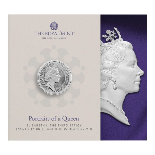 Portraits of a Queen - Elizabeth II The Third Effigy 2026 UK £5 Brilliant Uncirculated Coin Packaging - 2025 UK £5 Coin Presentation Pack